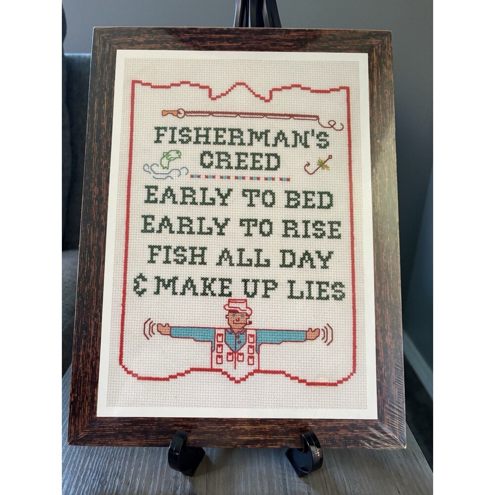 Vintage Finished Cross Stitch Design Fisherman's Creed Framed Cabin Decor Gift